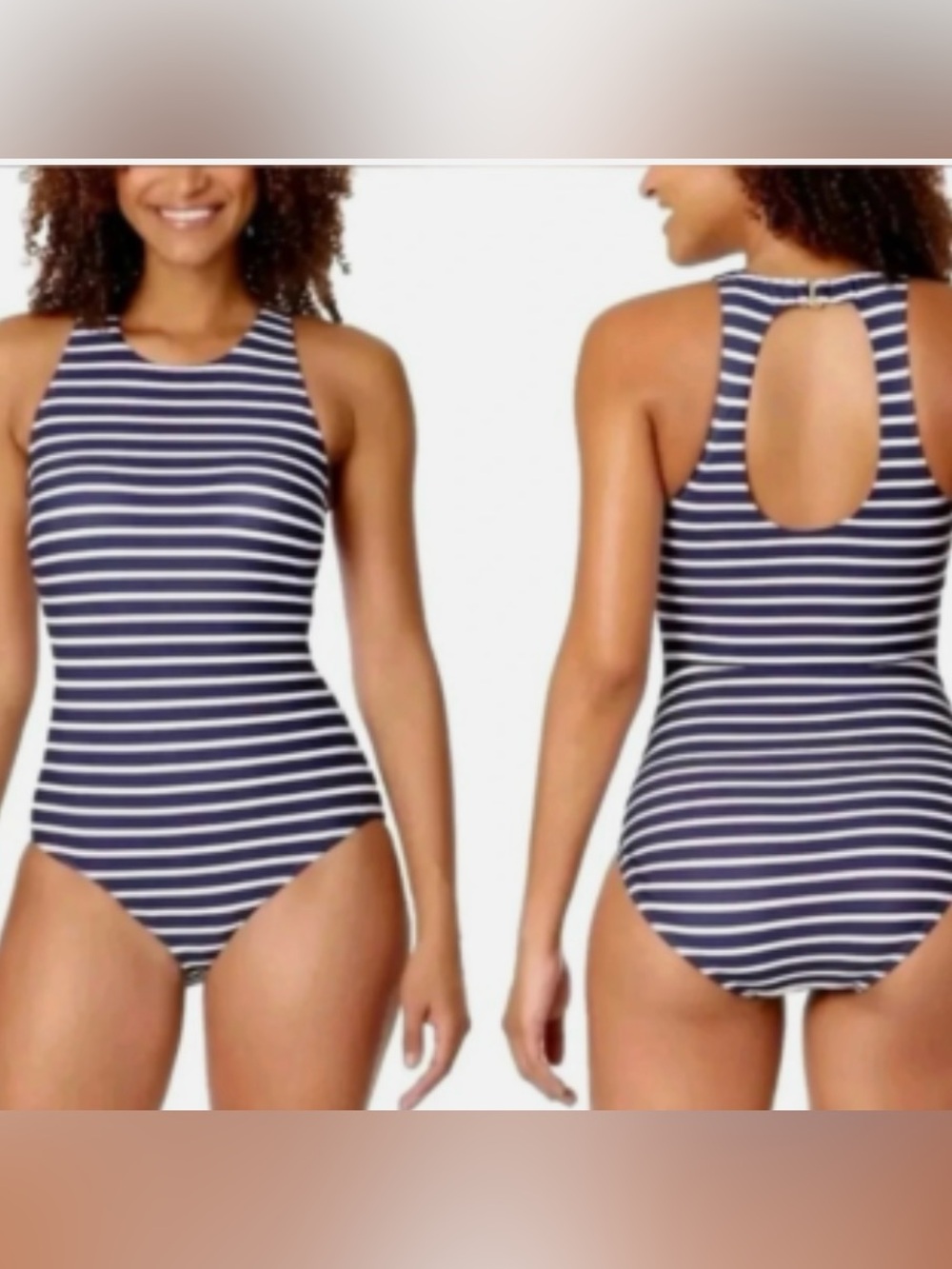Lands End High Neck Stripe One Piece Swimsuit Navy Rear Hook NWT X-Large